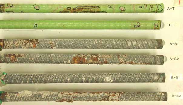 Figure 64. Slab #7 extracted rebars condition. Photo. Before autopsy, the two top mat straight ECRs (A-T and B-T) exhibit hairline cracks and coating blisters with coating discoloration on the A-T. The bottom mat four black bars exhibit moderate corrosion . 