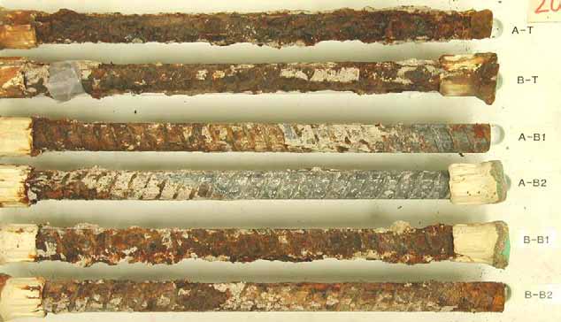 Figure 103. Slab #20 extracted rebars condition. Photo. Before autopsy, both of the top mat black bars exhibit severe corrosion. The bottom mat black bars also show moderate to severe corrosion except the fourth bar from the top (A-B2).