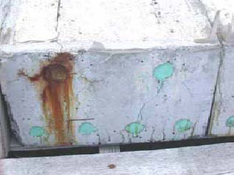 Figure 117. Slab #25 front, rear, and top views with specifications. Photos. (B) The rear view is unlabeled, showing rust and corrosion on the top left bar staining down to between the lower bars. There are also concrete cracks and minor corrosion drips near the lower bars. 