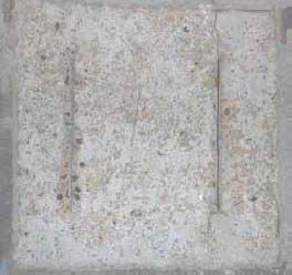Figure 117. Slab #25 front, rear, and top views with specifications. Photos. (C) The top view is mottled gray, with the groove line and cracks around it from the precracking. 