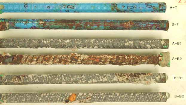 Figure 118. Slab #25 extracted rebars condition. Photo. Before autopsy, a top mat straight ECR (A-T) exhibits moderate coating deterioration and minor rust discoloration. The second bar top mat ECR (B-T) shows severe coating deterioration. The bottom mat four black bars exhibit minor corrosion. 