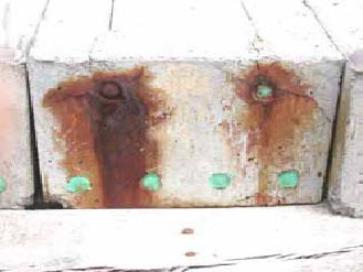 Figure 132. Slab #30 front, rear, and top views with specifications. Photos. (B) The rear view is unlabeled and shows extensive corrosion staining on the top bars and bleeding to the bottom bars. 