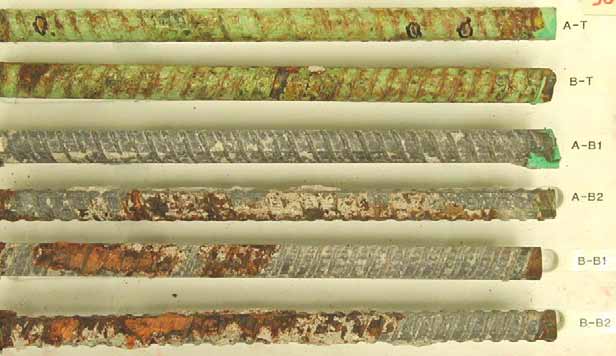 Figure 133. Slab #30 extracted rebars condition. Photo. Before autopsy, the top mat two straight ECRs (A-T and B-T) exhibit severe coating deterioration with hairline cracks, coating blisters and major rust discoloration. The bottom mat four black bars exhibit different levels of corrosion, i.e., severe (B-B2 and A-B2), moderate (B-B1) and corrosion-free (A-B1). 