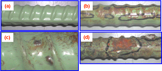 Figure 33. Closeup views of ECRs exhibiting various conditions: (A) an intact ECR; (B) an ECR containing hairline cracks; (C) an ECR containing blisters and hairline coating cracks; and (D) a delaminated ECR revealing severely corroded substrate. Photos. Photo (A) shows an intact ECR bar that is pure green and shiny. Photo (B) shows an ECR coating with hairline cracks. The surface color has changed to mottled green and rust and the cracks are black wavy lines. Photo (C) is a closeup of an ECR bar that shows coating blisters and hairline cracks that are rust and brown color compared to the green coating. Photo (D) is a delaminated ECR that has lost a majority of its green color so that the rusty and brown corrosion shows on the substrate. 