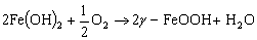 Equation 5. Ferrous hydroxide reacts with oxygen to give gamma-ferric oxide and water.