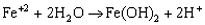 Equation 6. Ferrous ions react with water to give ferrous hydroxide and hydrogen ions.