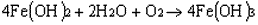 Equation 7. Ferrous hydroxide reacts with water and dissolved oxygen to give ferric hydroxide.