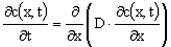 Equation 9. Fick's second law for the one-dimensional case where the change in concentration with time at a particular position, and time equals the partial with respect to distance of the product of the diffusion coefficient and the concentration gradient, the latter being a function of both time and distance.