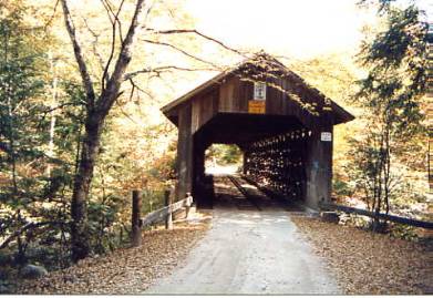 This picture shows the entry to a covered bridge with the approach road and side rails. The portal has a diagonal cut opening and the Town lattice casts shadows on the inside of the bridge where the running planks can be seen clearly.