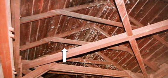 The picture shows a white arrow pointing to a rafter tie, which is a horizontal member attached between opposing rafters at midheight from the truss top chord to the peak located above the X upper laterals in the foreground. These ties should be called rafter struts since they function in compression (??) to reduce sag.