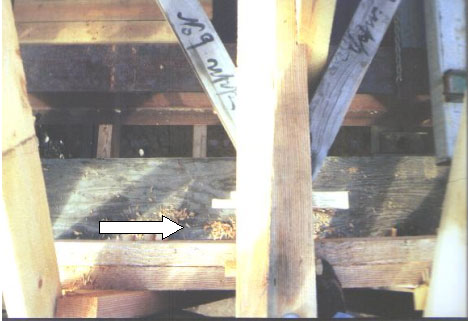The white arrow points to a lateral brace at the top chord level. They are usually 102 by 152 millimeters (4 by 6 inches), joined to the transverse tie beams with mortise-and-tenon connections. Matched wedges instead of pegs keep these connections tight. The lighter colored tie beam shows marking from 1885 when the bridge was relocated.