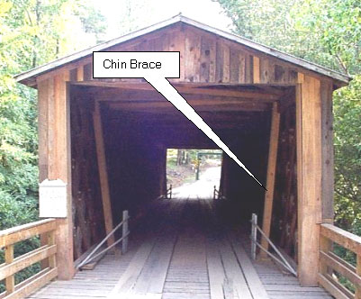 Chin braces are common to Georgia's Town lattice truss bridges. The picture shows a bridge entrance with braces that project from the top of the foundation, past the inside of the lower chords to the inside of the top chord. These members have steep angles and are protected with inside entrance rails because their closeness to traffic makes them subject to impact damage.