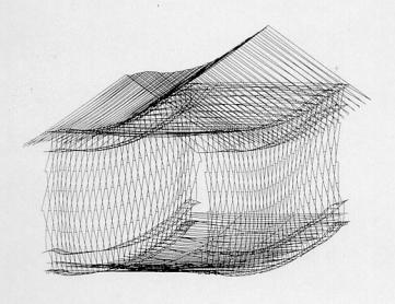 This diagram shows the same computer simulation distorted from loading. The floor and roof timbers are bowed and the sides and roof are out of vertical and horizontal alignment.