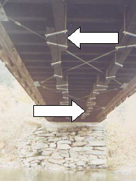 Existing bridge floors can have elements not part of the original construction. This picture shows the underside of a bridge with two white arrows pointing to a twin line of longitudinal distribution beams that are aligned along the axis of the bridge and attached to the underside of the transverse floor beams and connected with a U-bolt clamp. Their intent is to distribute wheel load to more than one floor beam and act as heavy suspended stringers.