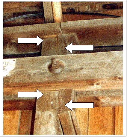 The picture shows four white arrows (two pointing left and two pointing right) indicating the vertical shift of the right half of the post where separation and slippage shows at the notch for the diagonal continuing through the top chord.