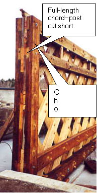 The picture shows the strongest way to terminate truss ends, by cutting them at right angles to the chords and alternating the continuities of the post and chord elements (at the same joint) to knit them together. The text boxes label the full-length chord with its post cut short and then a chord cut short with the post continuous.