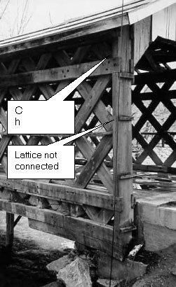 This picture shows a solid-sawn timber as an end post instead of planks. The white text boxes indicate that chords are connected to the post but the lattice is not connected.