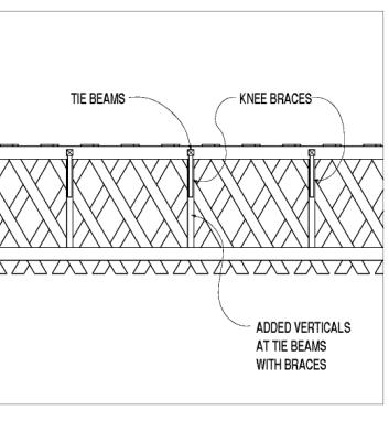 The drawing shows a side view of a town lattice truss configuration. The tie beams are shown in cross section with the vertical knee braces below. The note says, "added verticals at the tie beams with braces."