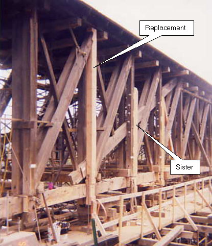 This picture shows two repair methods in a section of exposed bridge truss. The first light timber in the foreground is a total replacement of the vertical hanger. The next two posts show the repair that adds new elements next to the broken bottoms of the existing ones. The pegs between the original veretical and the sister piece can be seen clearly. Text boxes point out the replacement and the sister.