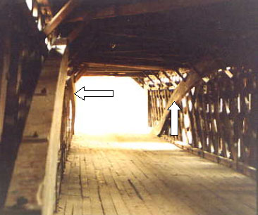 A classic repair to strengthen trusses is to add timber arches, similar to the Burr system. The picture shows an arch added to a Town lattice structure. The white arrows point to the deformations that mean that the arches could not support the loads.