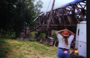 Figure 178 How not to relocate a covered bridge for repair work. This photo shows the Downsville Bridge broken into two pieces when the contractor tried to move it.