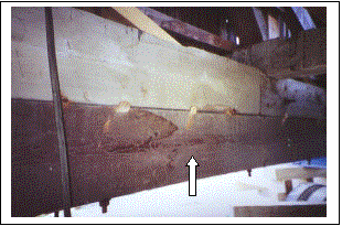 The picture shows the replacement bottom chord with the bolster. A white arrow points to the new wooden reinforcement dowels that join the top of the bolster and the bottom of the chord.