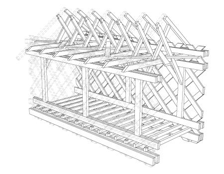 The unlabeled perspective view of the Speed River's town lattice truss bridge shows the two bottom chords with floor beams in between, vertical posts, the top chord with supporting roof structure, and lattice truss on the right side.