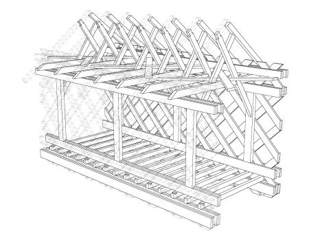 The unlabeled perspective view of the Speed River's town lattice truss bridge shows the two bottom chords with floor beams in between, vertical posts, the top chord with supporting roof structure, and lattice truss on the right side.