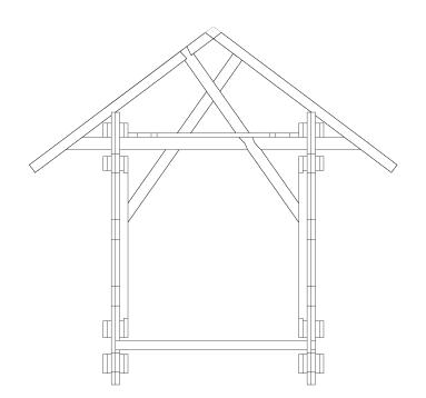 The unlabeled section view of the bridge shows the reinforced top and bottom chords, bridge decking, horizontal and vertical members, diagonals and roof supports.