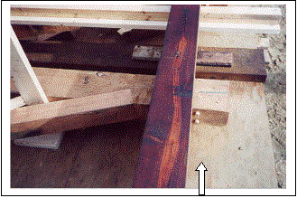 The picture shows the vertical post configuration with diagonal supports. The white arrow points to the 25-millimeter (1-inch) diameter wooden pegs used as reinforcement in the post corbel to prevent shear failure.