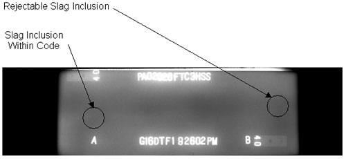 The radiographic image shows two discontinuities (slab inclusions). The first discontinuity is acceptable and is located at marker A. The second discontinuity is rejectable and located to the right of marker B. The discontinuities are circled for illustrative purposes.