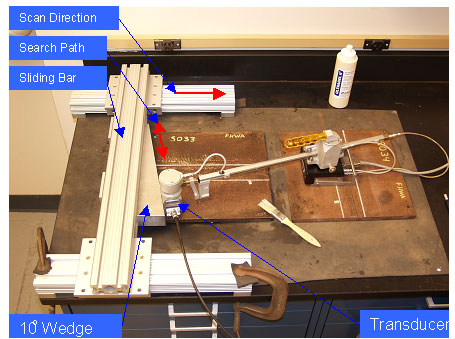 The photo shows the transducer articulation test setup. In this setup, the magnetic base is positioned in the "Both" configuration while the transducer is held at a constant 10-degree angle relative to the transverse axis of the weld by an angular wedge. The angular wedge is attached to an aluminum frame, which facilitates movement of the transducer along the weld length.