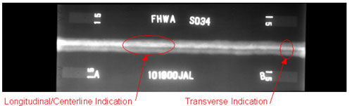 The radiographic image shows the centerline and transverse cracks noted in figures 33, 34, and 35. The cracks are circled for illustrative purposes.