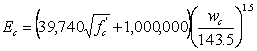 Equation 3. The equation reads E subscript C is equal to open parentheses, 39,740 times the square root of F prime subscript C, that sum plus 1,000,000 close parentheses, times open parentheses W subscript C divided by 143.5 close parentheses, all to the power of 1.5.