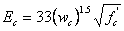 Equation 1. The equation reads E subscript C is equal to 33 times open parentheses W subscript C close parentheses, to the power of 1.5 times the square root of F prime subscript C, expressed in English units.