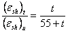 Equation 18. The equation reads open parentheses epsilon subscript SH close parentheses subscript T, that sum, divided by open parentheses epsilon subscript SH close parentheses subscript U, all equal to T divided by 55 plus T.