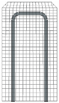 Figure 104. Illustration. Revised parapet mesh with steel reinforcement. The mesh of the steel reinforcement is shown within the concrete parpapet mesh. The nodes of the vertical and horizontal reinforcement bars appear to be aligned with the nodes of the concrete hex elements. However, the size of the concrete hex elements is uniform across the width and height of the parapet, and is independent of the reinforcement location.