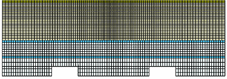 Figure 106. Illustration. Bell curve mesh biasing along length of parapet and uniform meshing along length of deck. This is an end and top view of the mesh of the deck only. The elements are more refined on the top center of the deck than they are toward the sides of the deck.