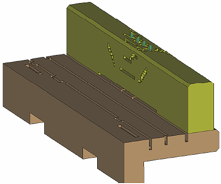 Figure 111. Illustration. Element erosion profile (simulation case02, erode equals 1) on traffic side.</strong> This view shows the computed erosion pattern on the deck and traffic side of the parapet. Three lines or erosion are evident on the deck. The top of the parapet is heavily eroded. The traffic side of the parapet is slightly eroded, with two horizontal lines, and two at-angle lines extending the midheight horizontal line to to the top of the parapet.
