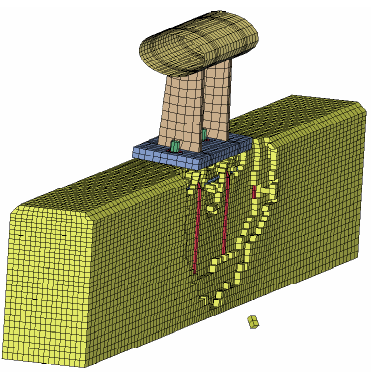 Figure 122. Illustration. Fracture profile of modified T4 system at 0.250 seconds. This is a view of the top and field side of the parapet which shows the deformed configuration at 0.25 seconds. The rail remains attached to the baseplate, but has rebounded and reveals little rotation. The field side of the parapet is still like that previously shown at 0.115 second, which is about two to three element layers deep.