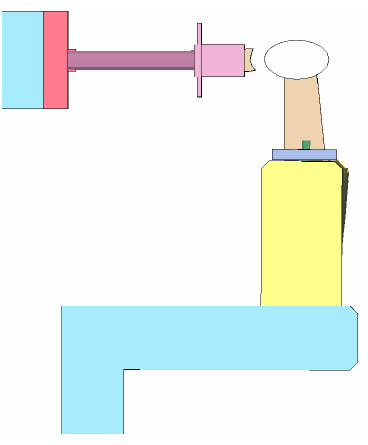 Figure 123. Illustration. Profile of damaged T4 bridge rail system with four-bolt anchorage after pendulum impact. This is a side view of the computed response after the pendulum has rebounded away from the bridge rail. The first stage honeycomb is crushed about three-fourths of the way. The rail does not appear to be permanently deflected. A bulge of concrete is evident on the field side of the parapet. The deck is neither deformed or damaged.