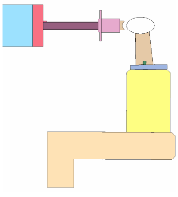 Figure 127. Illustration. Profile of T4 bridge rail system with three-bolt anchorage after pendulum impact.</strong> This is a side view of the computed response after the pendulum has rebounded away from the bridge rail. The first stage honeycomb is crushed about three-fourths of the way. The rail does not appear to be permanently deflected, although it appears to be pulling up and away from the field side of the parapet. No bulge of concrete is evident.