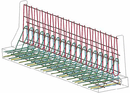 Figure 137. Illustration. Isometric view of steel reinforcement in Florida barrier model. This is a second view of the reinforcement layout, looking at the front face at an angle. Approximately 18 sets of shear rebar are evident along the length of the deck and parapet.