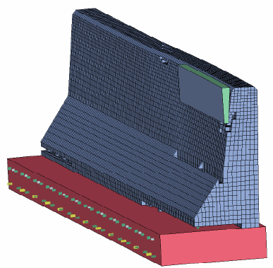 Figure 139. Illustration. Fracture profile of Florida safety-shaped barrier. This figure shows the damage computed by the user. Slight erosion is evident in the concrete along the bottom edge of the impact region. Extensive erosion also occurs in the parapet along its connection with the deck. Slight erosion also occurs in the parapet on the front face where it transitions from thin to thick.