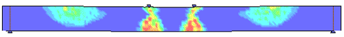 Figure 160. Illustration. Plain concrete damage fringe at 1 millisecond (developer). This is a view of the damage fringes and erosion in the simulation of the plain beam tested in the drop tower facility. Damage fringes are concentrated in the central region of impact, and at one-fourth of the distance from each end of the beam.