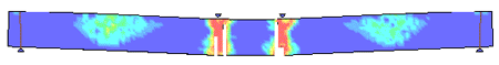 Figure 161. Illustration. Plain concrete damage fringe at 4 milliseconds (developer). This is a view of the damage fringes and erosion in the simulation of the plain beam tested in the drop tower facility. Damage fringes are concentrated in the central region of impact, and at one-fourth of the distance from each end of the beam. Erosion, part way through the beam thickness, is also evident beneath each impactor point.