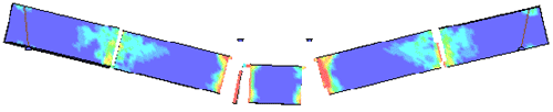 Figure 164. Illustration. Plain concrete damage fringe lowercase T equals 1 millisecond (user Linux). This is a view of the damage fringes and erosion in the simulation of the plain beam tested in the drop tower facility. Damage fringes are concentrated in the central region of impact, and at one-fourth of the distance from each end of the beam. The damage is nearly identical to that calculated by the developer.