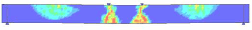Figure 168. Illustration. Plain concrete damage fringe lowercase T equals 1 millisecond (user Windows). This is a view of the damage fringes and erosion in the simulation of the plain beam tested in the drop tower facility. Damage fringes are concentrated in the central region of impact, and at one-fourth of the distance from each end of the beam. The damage is nearly identical to that calculated by the developer.