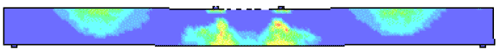 Figure 172. Illustration. Reinforced concrete damage fringe lowercase T equals 1 millisecond (developer). This is a view of the damage fringes and erosion in the simulation of the reinforced beam tested in the drop tower facility. Damage fringes are concentrated in the central region of impact, and at one-fourth of the distance from each end of the beam.