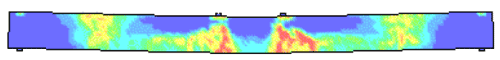 Figure 173. Illustration. Reinforced concrete damage fringe lowercase T equals 4 milliseconds (developer). This is a view of the damage fringes and erosion in the simulation of the reinforced beam tested in the drop tower facility. Damage fringes are concentrated in the central region, but also spread out and join those previously formed at one-fourth of the distance from each end of the beam.